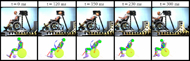 This figure depicts a side-view frame sequence of a typical rear impact sled test (top) and the simulation model (bottom). First, the ATD loads against the seatback rotating the wheelchair rearward and lifting the front casters off the ground. The ATD head rearward excursion peaks, followed by the rebound phase, during which the ATD begins moving forward. The wheelchair and ATD model response parallels the sled test response relatively well.  